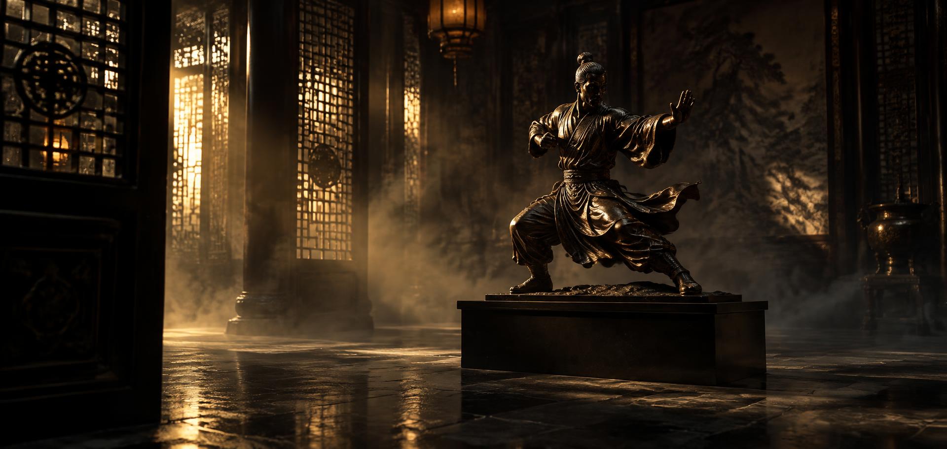 Martial arts collectible statue lit by warm light in a fog-filled hall